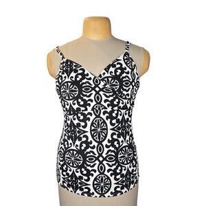 Lands End Takini Top Women 16 DD V Neck Shelf Bra‎ Tile Print Swimwear Vacation
